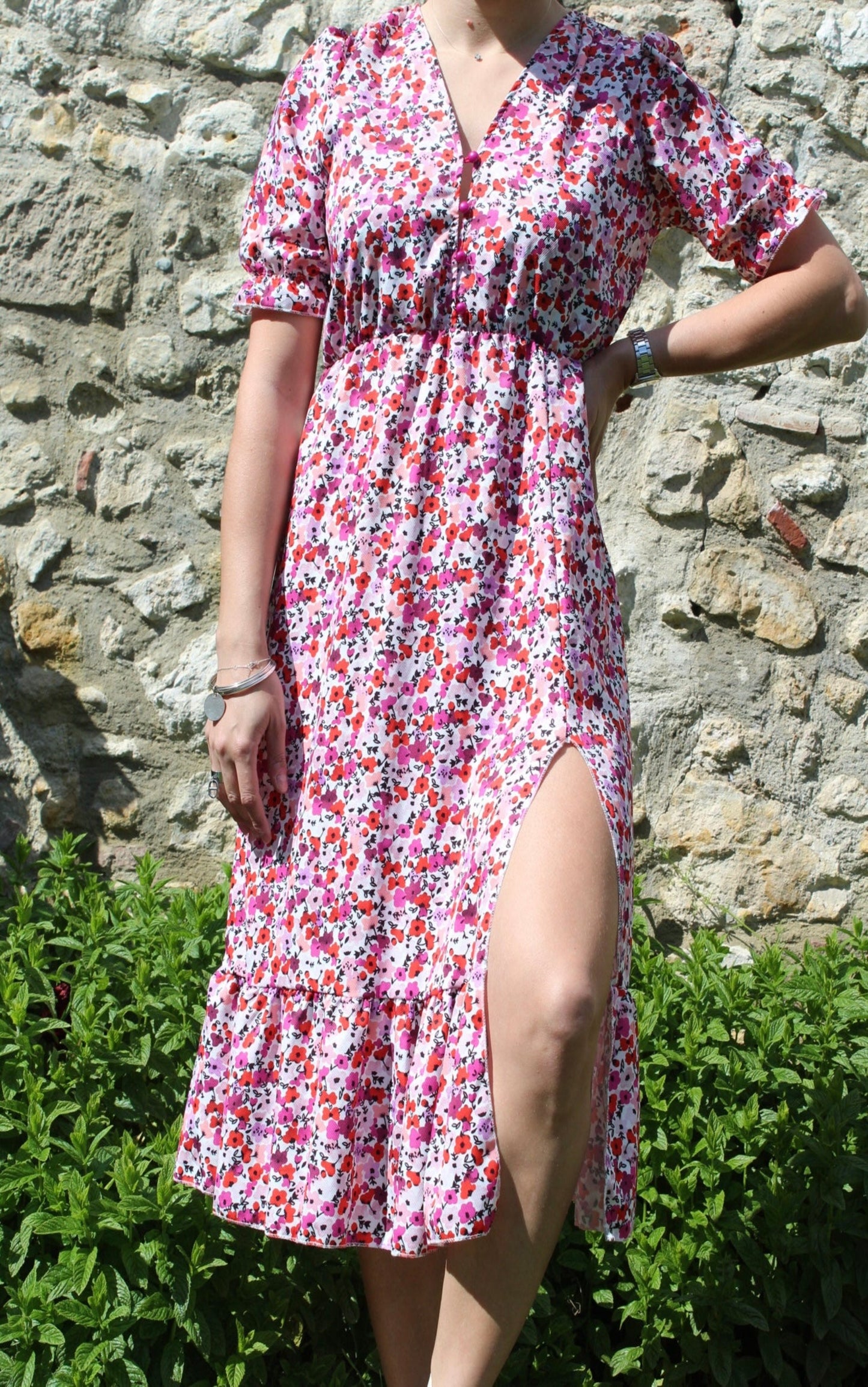 Robe longue à fleurs roses